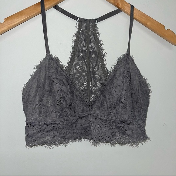 Aerie Bralette Women's Size Small Grey Lace Mesh V-Neck Racerback Bra Crop Top - Picture 3 of 5